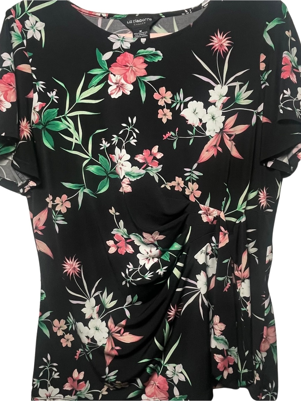 Liz Claiborne Black Floral Short Sleeve Top Medium